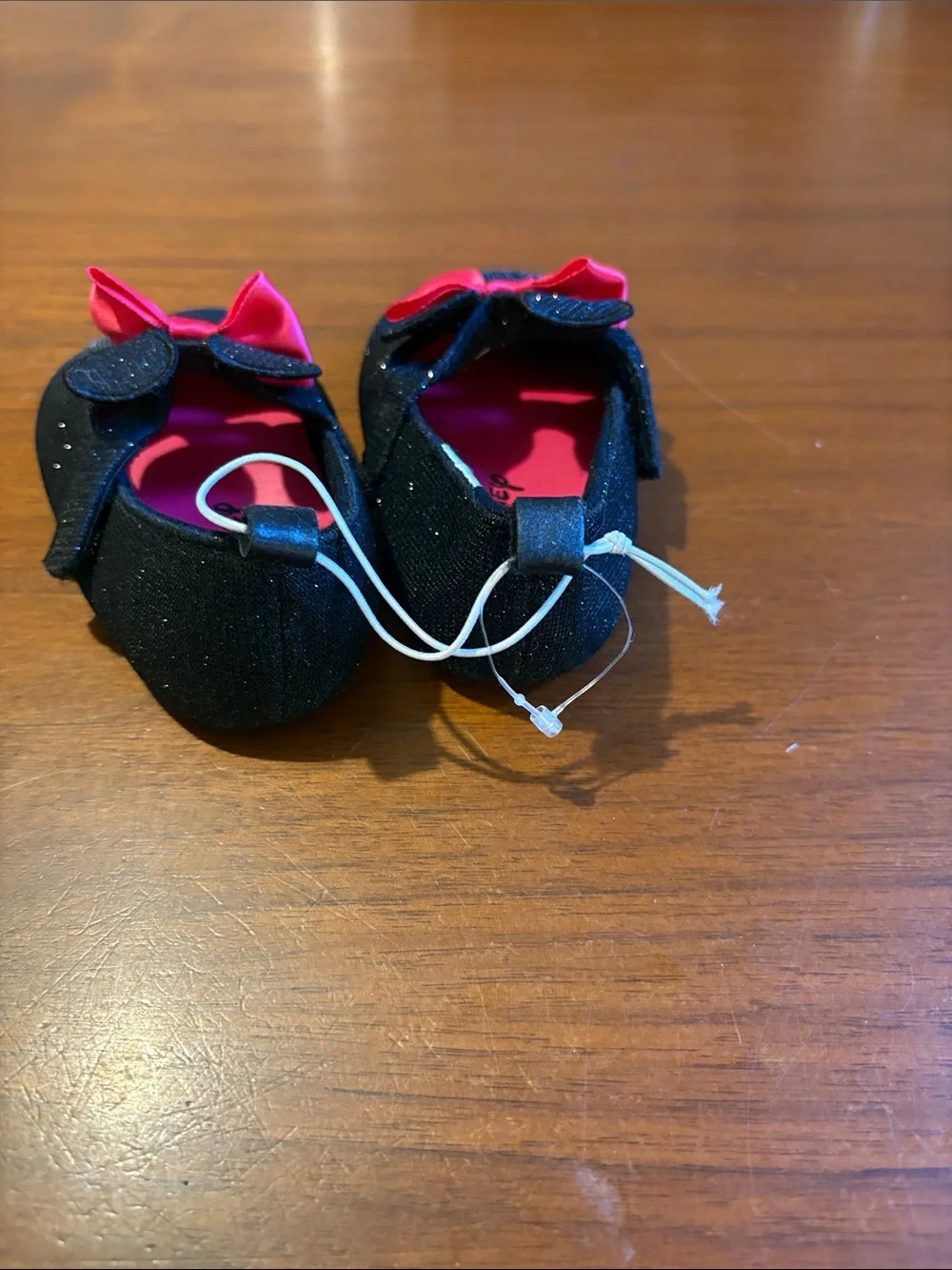 Disney Black Glitter Baby Shoes with Hot Pink Bow